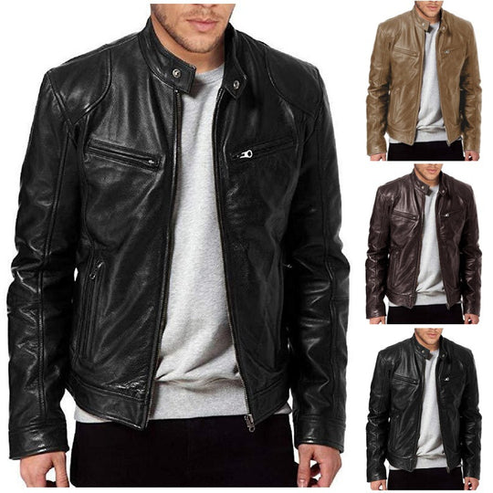 Herren nan vintage-inspirierte Lederjacke im Bikerstil mit Stehkragen und sichtbaren Reißverschlüssen EB
