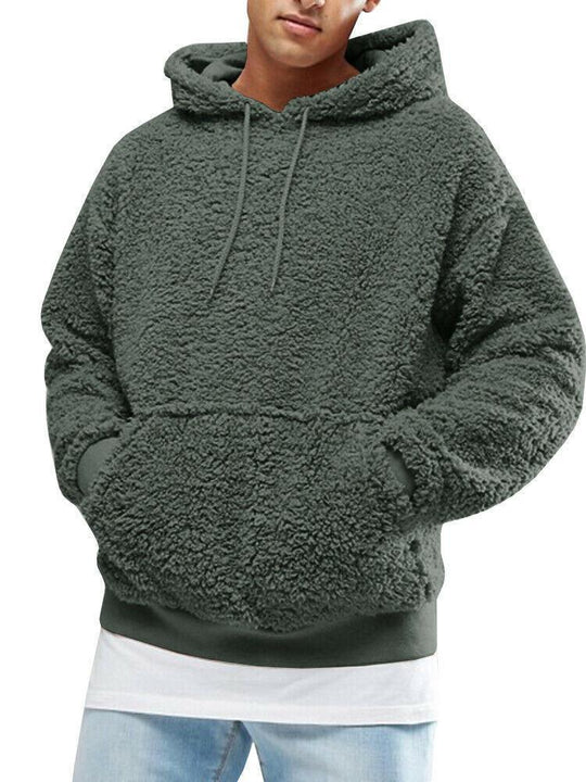 Herren Lässiger Teddy-Fleece Hoodie mit praktischen Kängurutaschen und verstellbarem Kordelzug EB