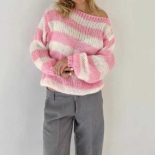 Damen Strickpullover mit breitem Streifenmuster und voluminösen Ärmeln EB