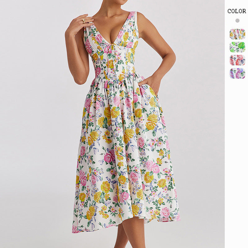 Damen Midikleid mit floralen Akzenten und tailliertem Oberteil EB
