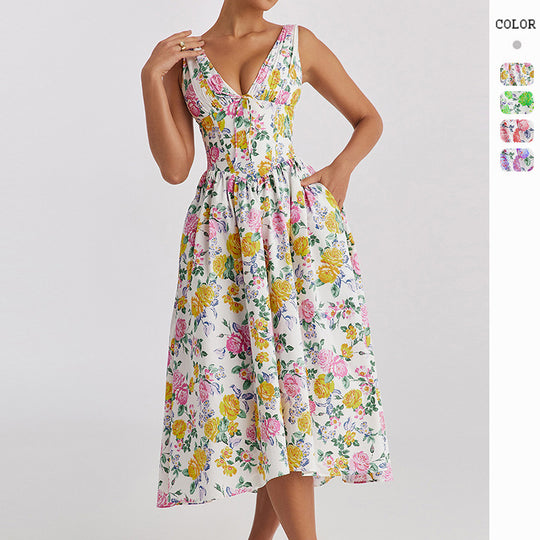 Damen Midikleid mit floralen Akzenten und tailliertem Oberteil EB