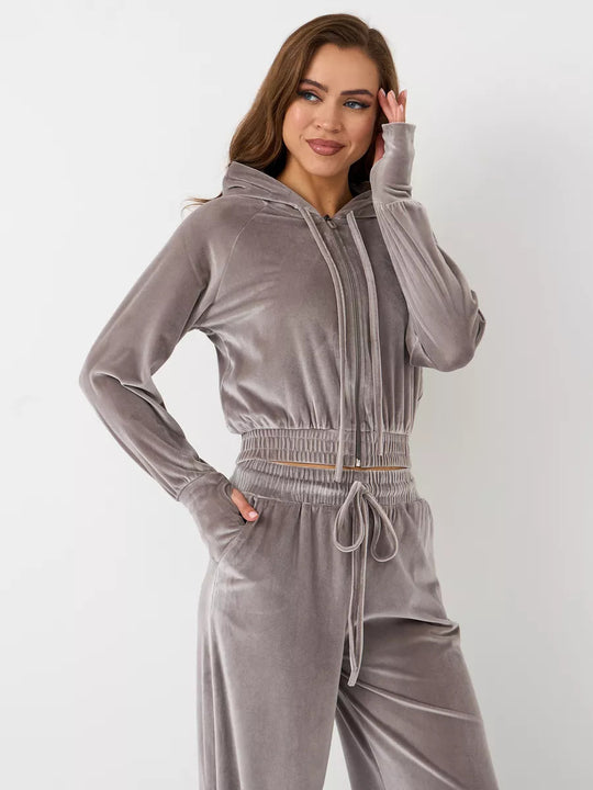 Damen luxuriöses Velours-Lounge-Set mit kurzem Reißverschluss-Hoodie und weitem Comfort-Hose EB