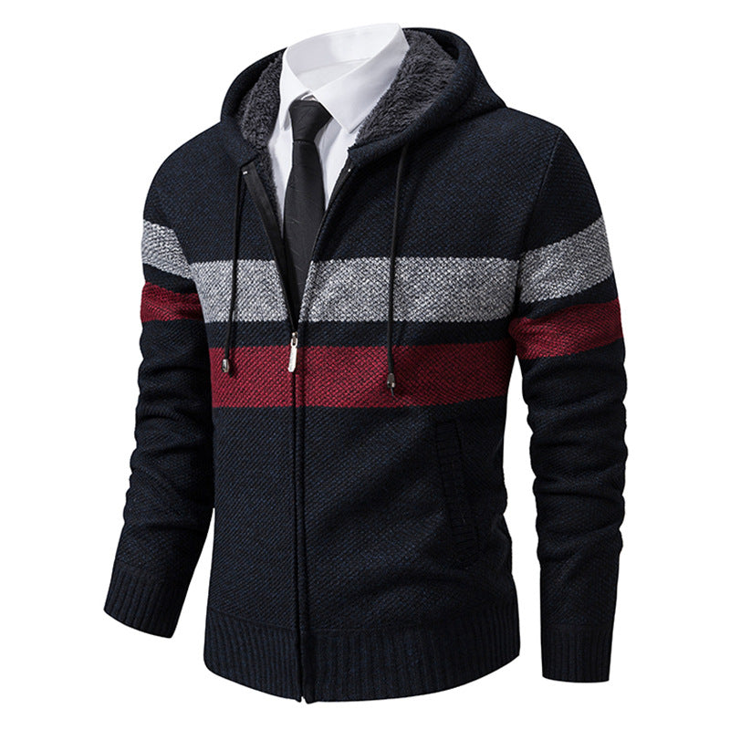 Herren nan gefütterte Kapuzen-Strickjacke mit Teddyfutter, durchgehendem Reißverschluss und kontrastierenden Streifen EB