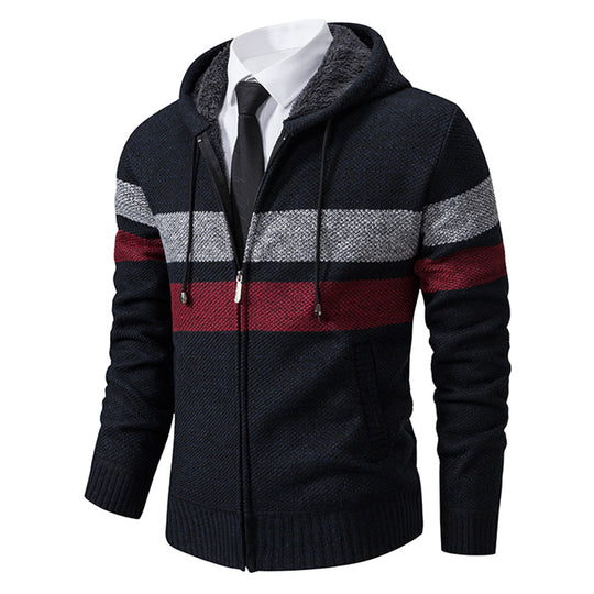 Herren nan gefütterte Kapuzen-Strickjacke mit Teddyfutter, durchgehendem Reißverschluss und kontrastierenden Streifen EB