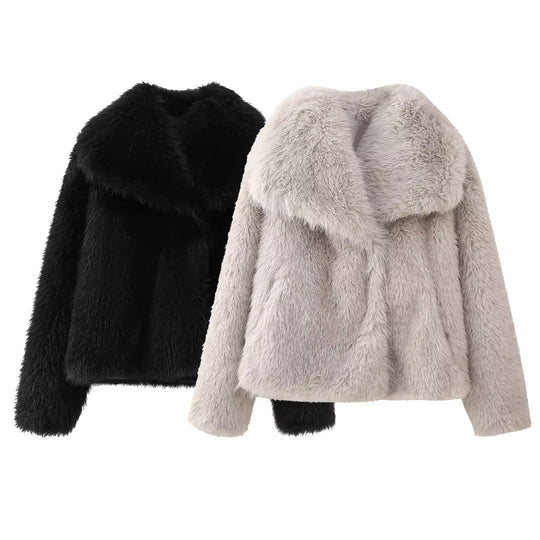 EB | Oversized Pelzjacke - Schal-Kragen Kürzere Jacke