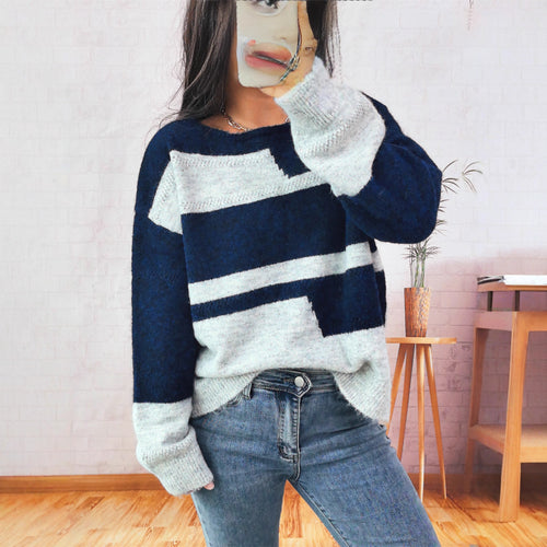 Damen Grobstrickpullover mit modischem Streifenmuster und weitem Schnitt EB