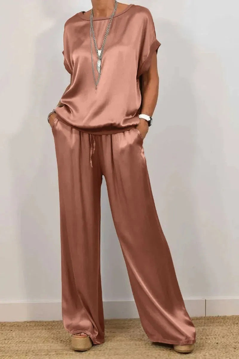 Damen Elegantes Satin Lounge-Set mit weitem Schnitt und lässigem Oberteil EB