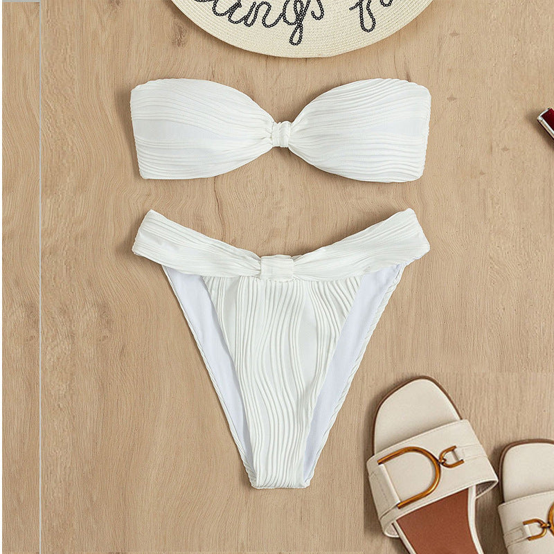 Damen Bandeau-Bikini mit modischer Raffung und hoch geschnittenem Slip EB