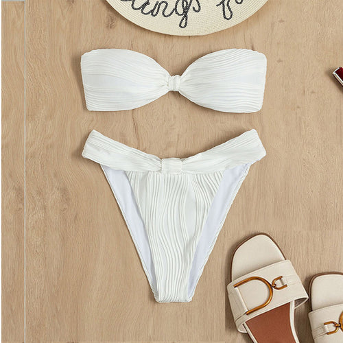Damen Bandeau-Bikini mit modischer Raffung und hoch geschnittenem Slip EB