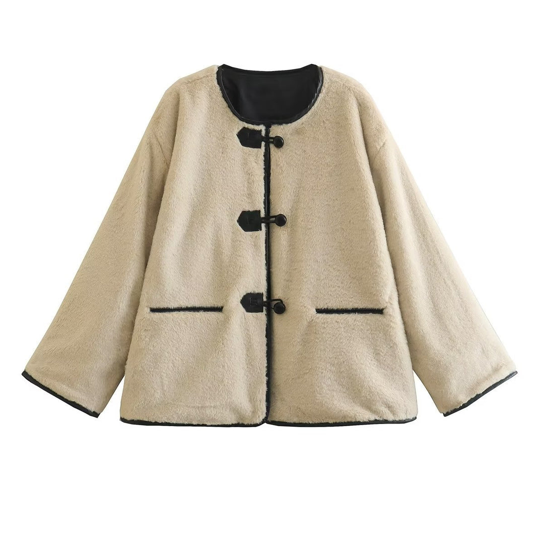 Damen nan kurz geschnittene Teddyjacke mit Knebelverschluss, runder Halslinie und kontrastierenden Kanten EB