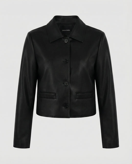 Damen Kurzjacke aus PU-Leder im Vintage Biker-Stil Schwarz