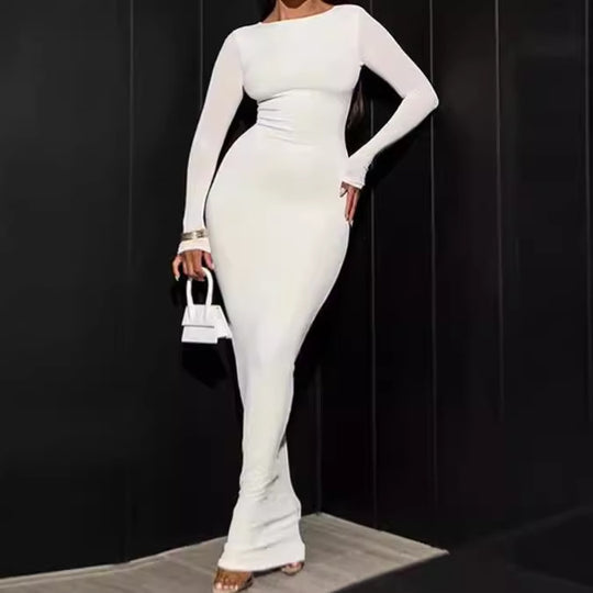 Damen Elegantes Langarm-Maxikleid aus bequemem Stretch-Material EB