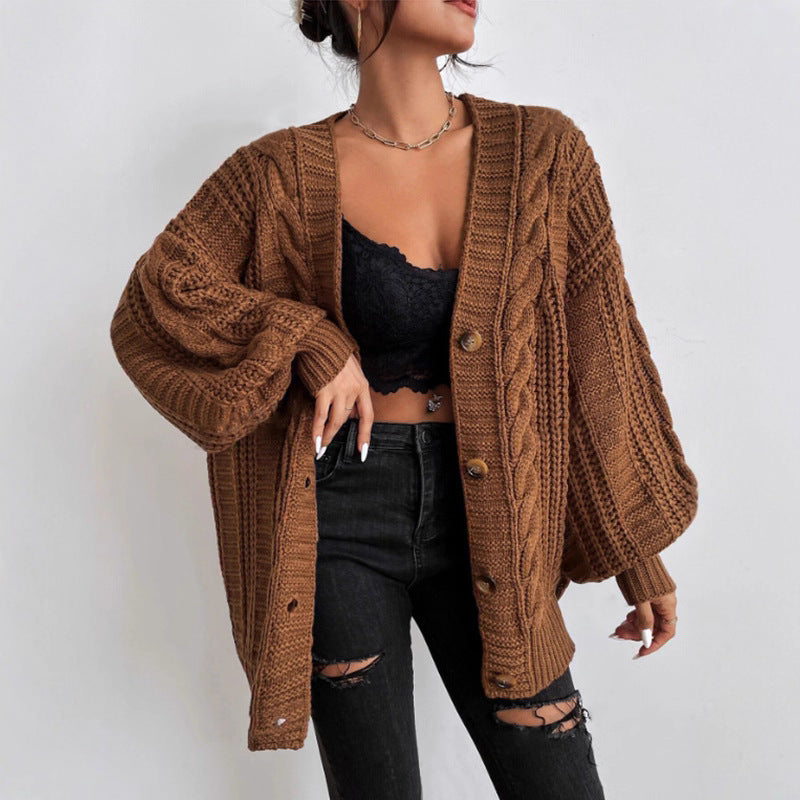 Damen Grobstrick Cardigan mit weiten Ärmeln und Knopfdetails EB