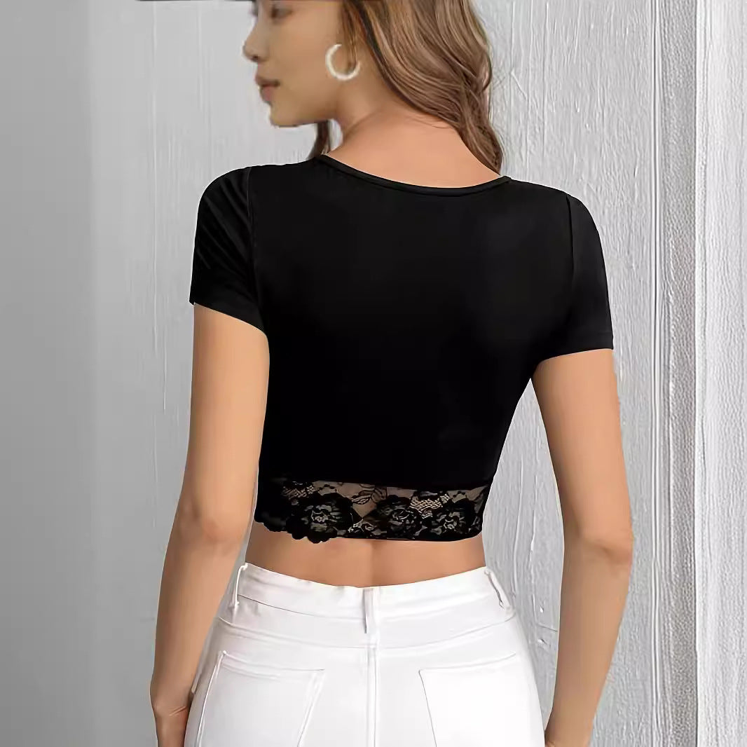Damen nan kurzes figurbetontes Crop-Top mit gerafftem V-Ausschnitt und transparenter Spitzenborte EB