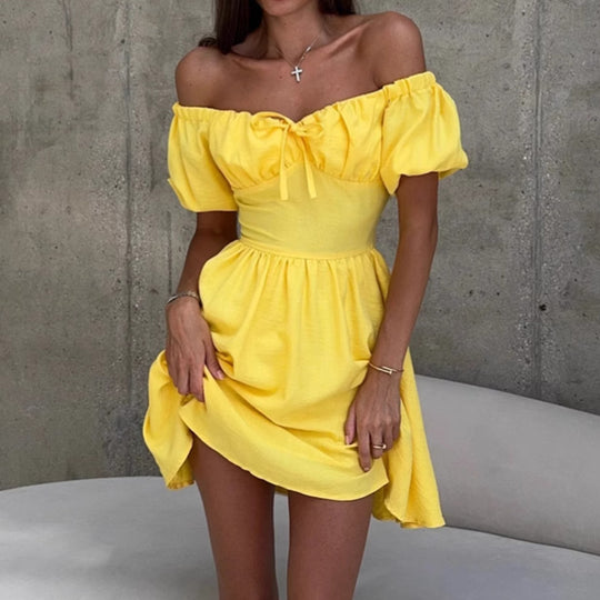 Damen Off-Shoulder Minikleid mit Volantärmeln und Taillenknoten EB