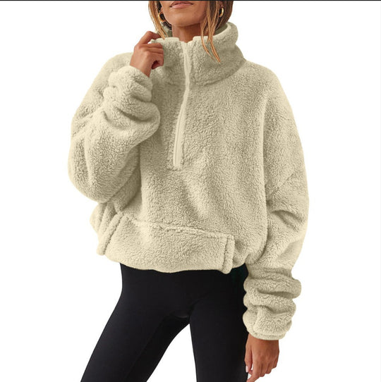 Damen nan Oversize-Halbzip Teddy-Fleecepullover mit Kängurutasche und hohem Stehkragen EB