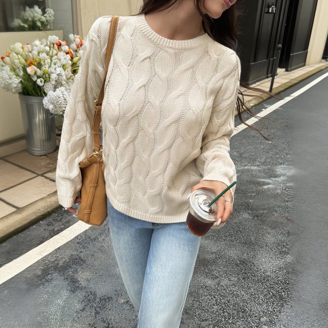 Damen nan oversized Zopfstrickpullover mit Rundhalsausschnitt und weichem Fall EB
