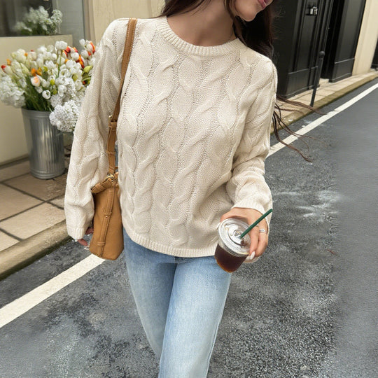 Damen nan oversized Zopfstrickpullover mit Rundhalsausschnitt und weichem Fall EB
