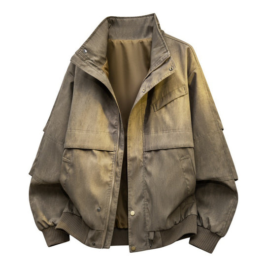 Herren urbaner Canvas-Utility-Blouson mit hohem Kragen, großflächigen Pattentaschen und elastischem Saum EB