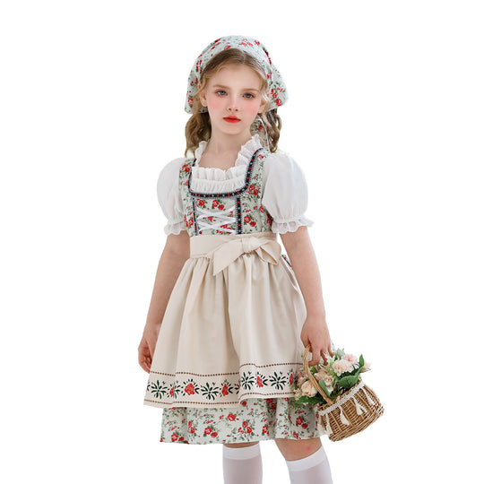 Damen nan traditionelles Dirndlkleid für Mädchen mit bestickter Schürze, Rüschenkragen und passendem Kopftuch EB