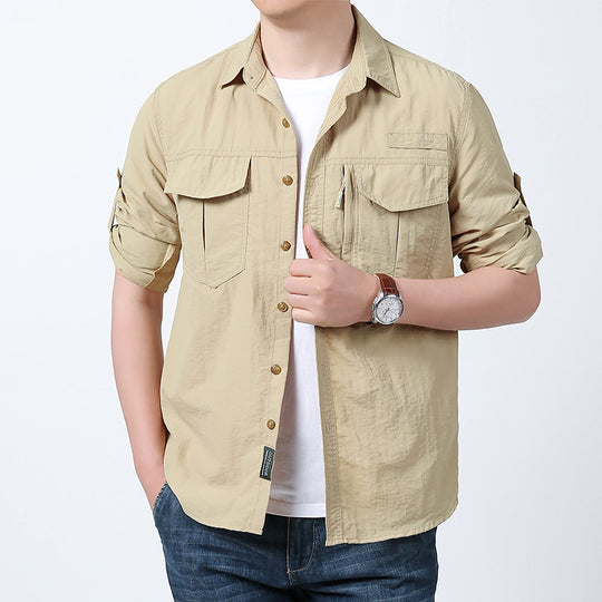 Herren nan langärmeliges Fieldshirt aus leichtem Ripstop mit multifunktionalen Brusttaschen und verdecktem Reißverschluss EB