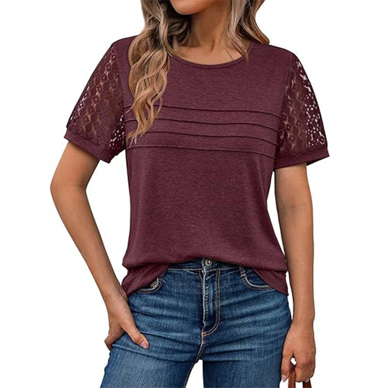 Damen luftiges T-Shirt mit attraktiven Häkelärmeln EB