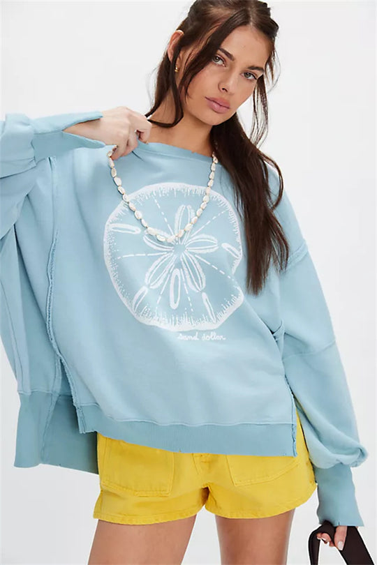 Damen oversized Sweatshirt mit Rüben-Print, ausgefransten Nahtakzenten und Daumenlochärmeln Eichborn Berlin