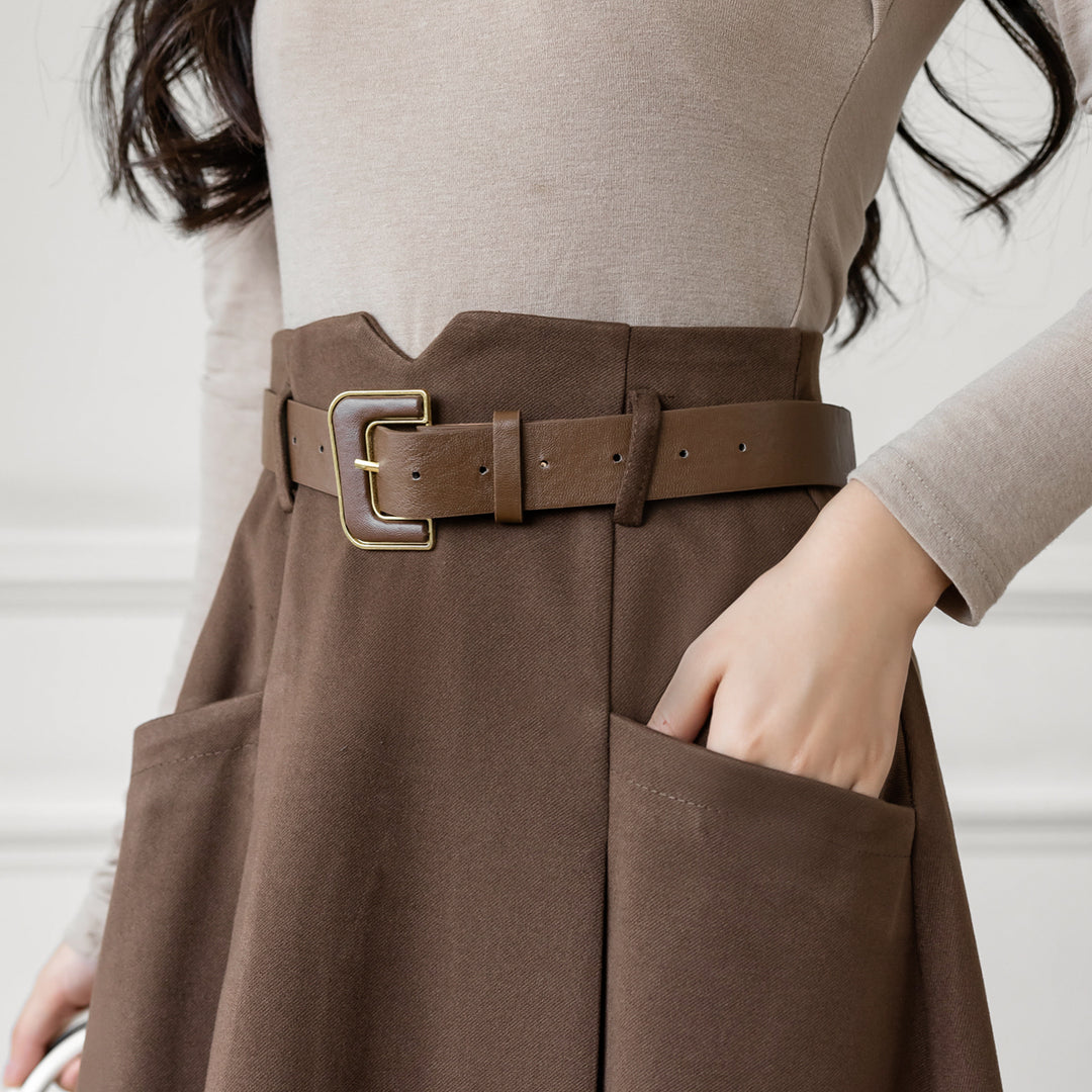 Damen  taillenhoher ausgestellter Midirock mit breitem Ziergürtel, seitlichen Eingrifftaschen und fließendem Tellerfall EB