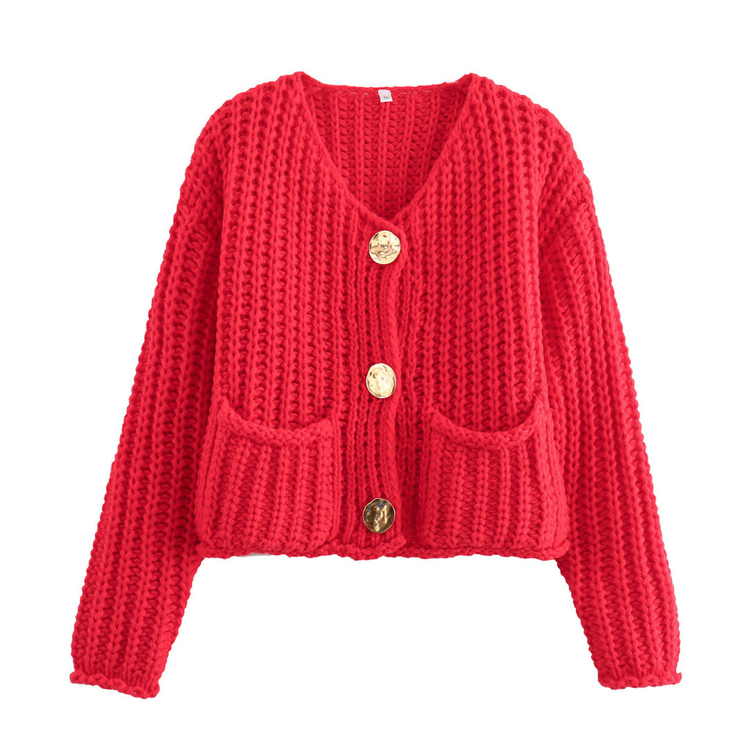 Damen Kurzcardigan im Rippen-Grobstrick mit aufgesetzten Taschen und Statementknöpfen EB