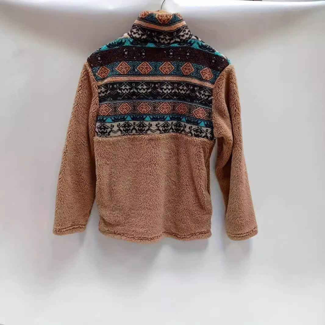 Damen Fleece-Pullover mit modischem Reißverschluss und buntem Muster EB