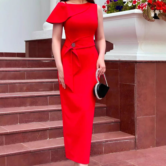 Damen figurbetontes Abendkleid mit asymmetrischer Schulter und Taillengürtel EB