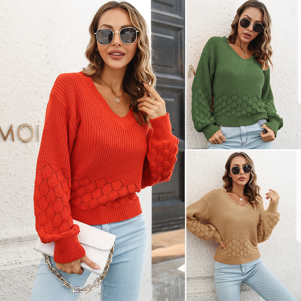 Damen V-Ausschnitt Strickpullover mit luftiger Musterstruktur EB