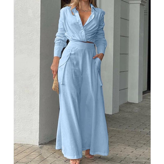 Damen Elegantes und lässiges Zweiteiler-Set mit Crop-Top und weitem Palazzo-Hosen EB