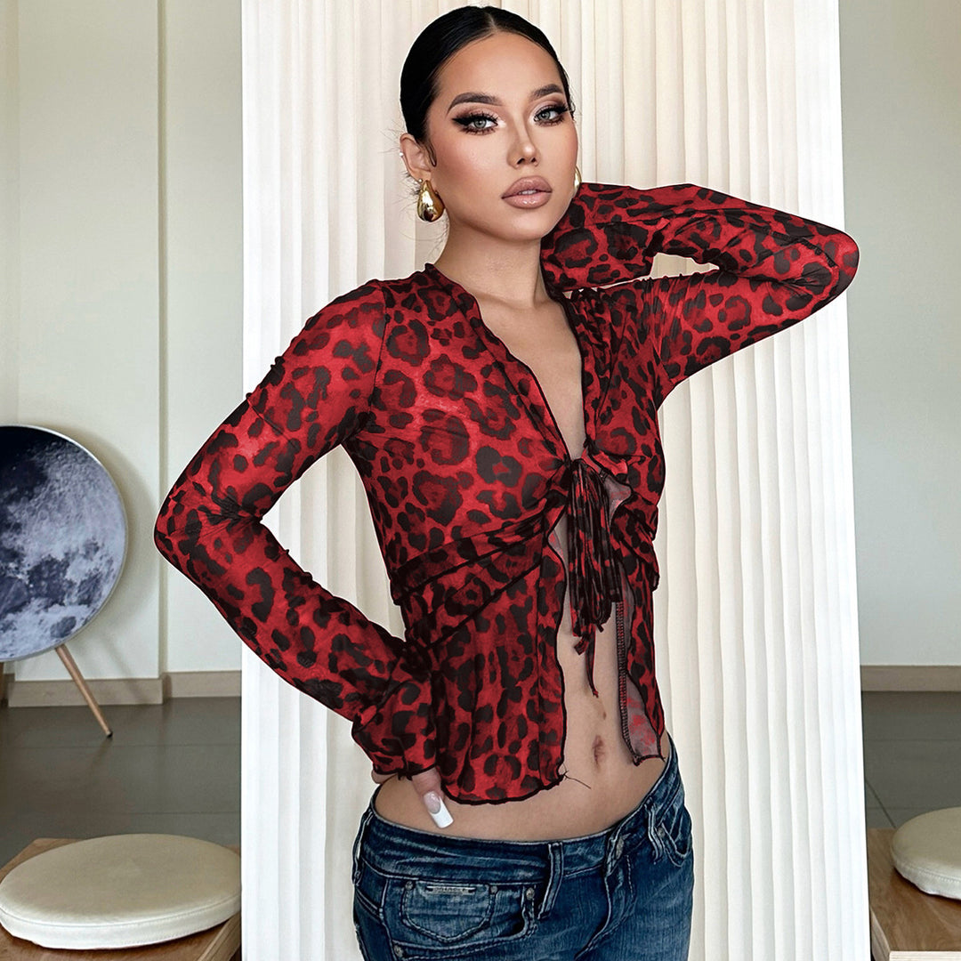 Damen leicht transparentes Oberteil mit Leopardenmuster EB