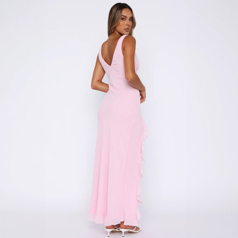 Damen Maxikleid mit tiefem Schlitz und eleganten Rüschendetails EB
