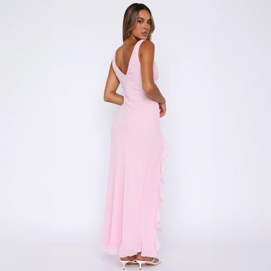 Damen Maxikleid mit tiefem Schlitz und eleganten Rüschendetails EB