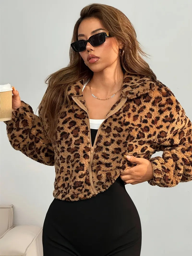 Damen Fleecejacke mit Animal-Print und praktischem Reißverschluss EB