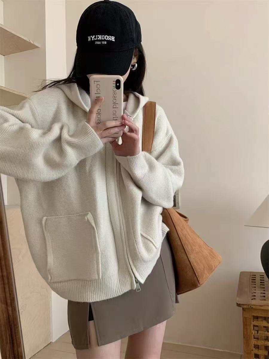 Damen Casual Oversized Strickjacke mit Kapuze und Taschen EB
