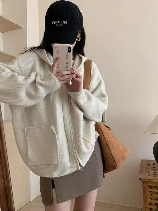 Damen Casual Oversized Strickjacke mit Kapuze und Taschen EB