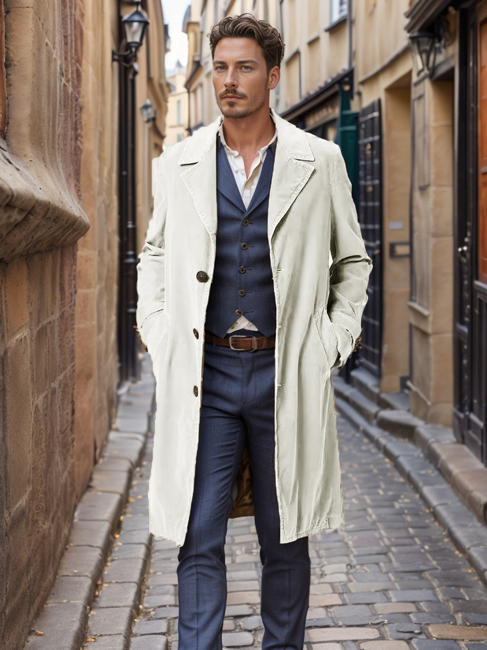 Herren eleganter Trenchcoat aus hochwertigem Gewebe mit praktischen Taschen EB