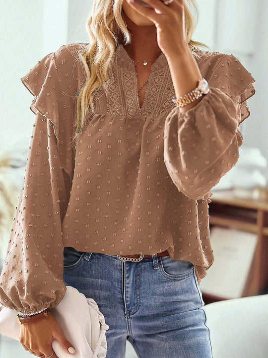 Damen Viskose-Bluse mit Spitzenstickerei und Volantärmeln EB