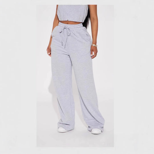Damen nan breite High-Waist Loungehose aus weichem Baumwollmix mit Kordelzug und Eingrifftaschen EB