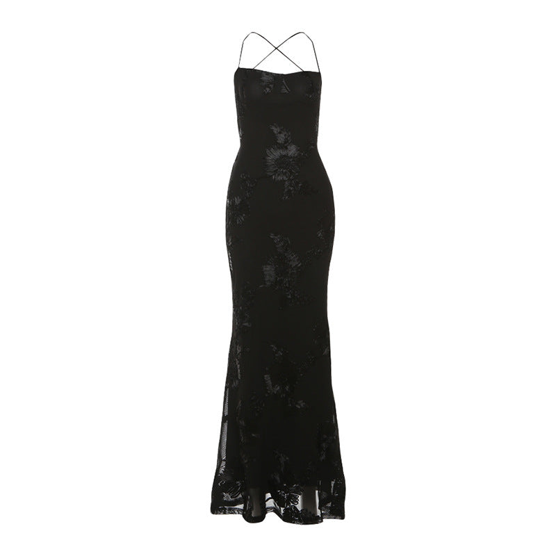 Damen Elegantes Bodenkonturierendes Maxikleid mit Spaghettiträgern und floralem Design EB