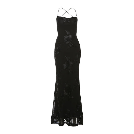Damen Elegantes Bodenkonturierendes Maxikleid mit Spaghettiträgern und floralem Design EB