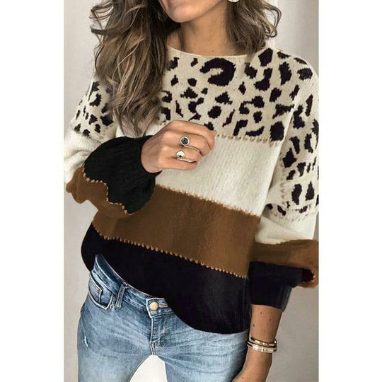 EB | Pullover - Damen Herbst Leopard Patchwork Strickpullover
