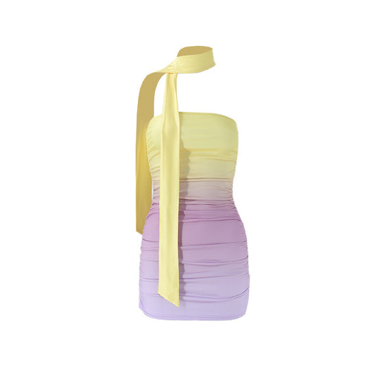 Damen figurbetontes Abendkleid mit schulterfreiem Design und seitlichem Gefransten EB