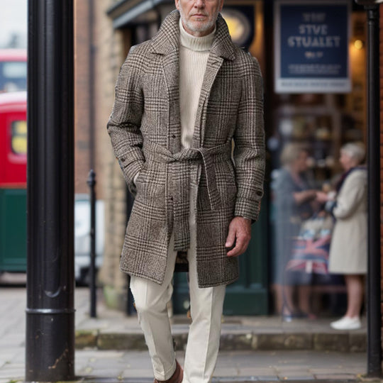 Herren eleganter Trenchcoat mit modernem Karomuster und Taillengürtel EB