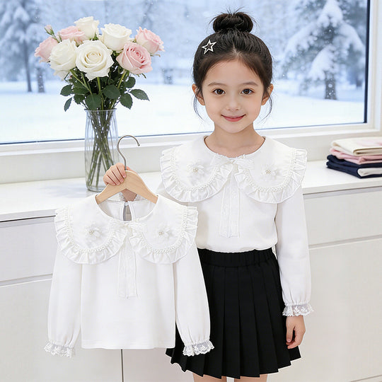 Mädchen Bluse mit Rüschenkragen und floralem Detail EB