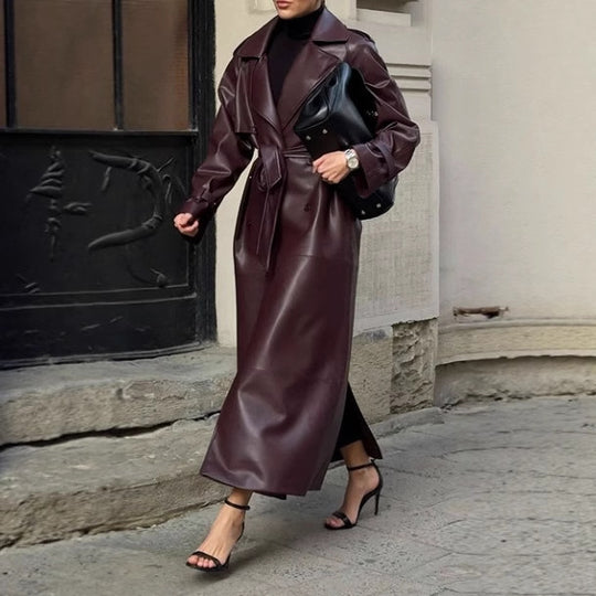 Damen eleganter Kunstleder-Trenchcoat mit taillierbarem Gürtel und praktischen Taschen EB