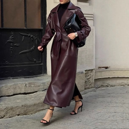 Damen eleganter Kunstleder-Trenchcoat mit taillierbarem Gürtel und praktischen Taschen EB